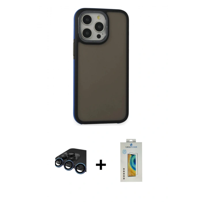 MARSİLYAN™- iPhone 15 Pro Max Kılıf Eksen Işık - Siyah Polymer Nano Ekran Koruyucu + Raze Metal Kamera Lens - LT