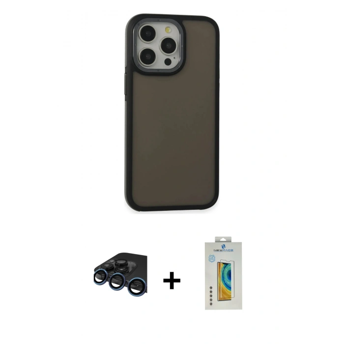 MARSİLYAN™- iPhone 15 Pro Max Kılıf Eksen Işık - Siyah Polymer Nano Ekran Koruyucu + Raze Metal Kamera Lens - LT