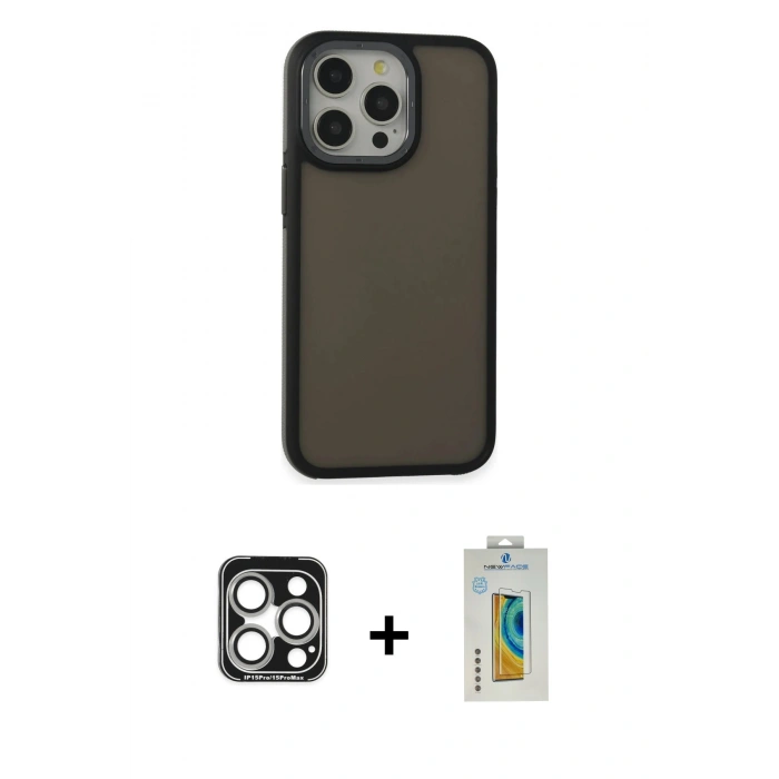 MARSİLYAN™- iPhone 15 Pro Max Kılıf Eksen Işık - Siyah Polymer Nano Ekran Koruyucu + PVD Metal Kamera Lens - GS