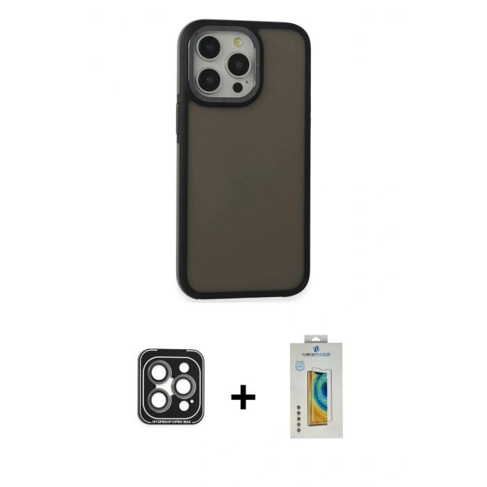 MARSİLYAN™- iPhone 15 Pro Max Kılıf Eksen Işık - Siyah Polymer Nano Ekran Koruyucu + PVD Metal Kamera Lens - GI