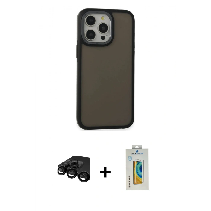 MARSİLYAN™- iPhone 15 Pro Max Kılıf Eksen Işık - Siyah Polymer Nano Ekran Koruyucu + Siyah Raze Metal Kamera Lens