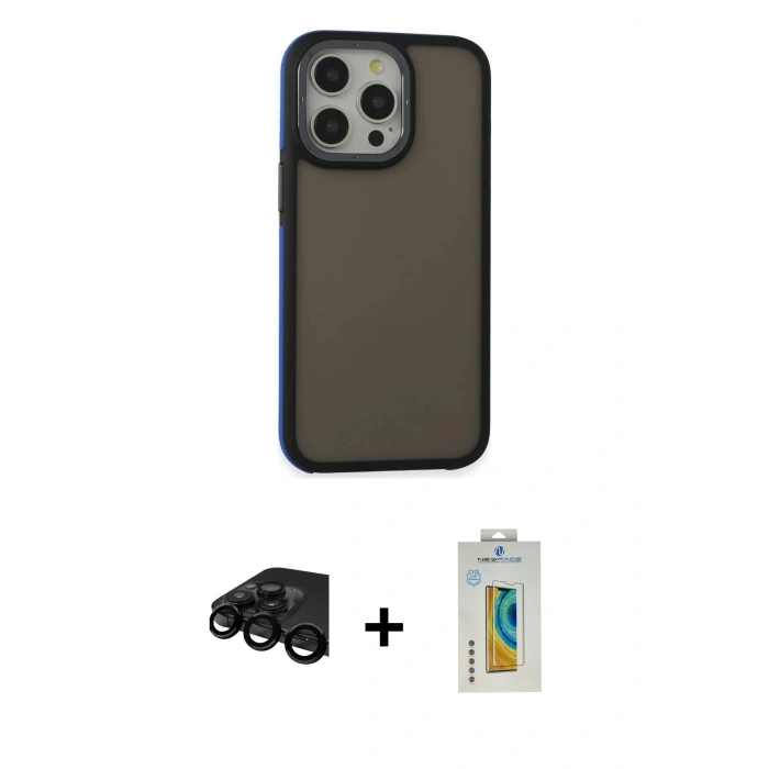 MARSİLYAN™- iPhone 15 Pro Max Kılıf Eksen Işık - Siyah Polymer Nano Ekran Koruyucu + Siyah Raze Metal Kamera Lens
