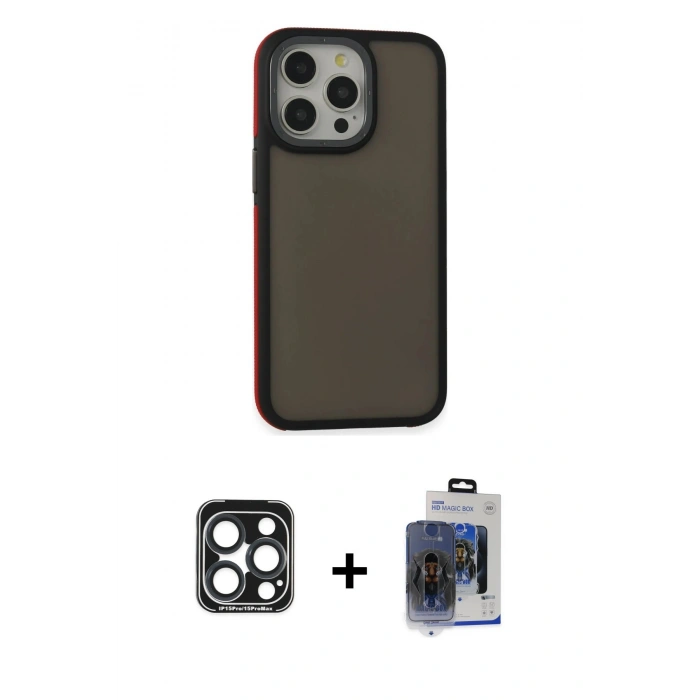 MARSİLYAN™- iPhone 15 Pro Max Kılıf Eksen Işık - Siyah Vanessa Magic Cam + Lacivert PVD Metal Kamera Lens