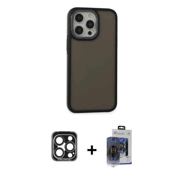 MARSİLYAN™- iPhone 15 Pro Max Kılıf Eksen Işık - Siyah Vanessa Magic Cam + Lacivert PVD Metal Kamera Lens