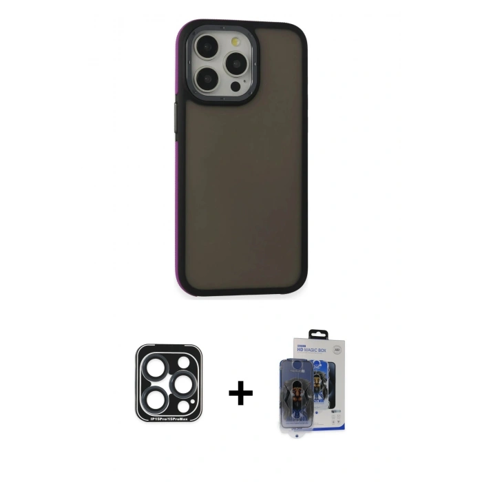 MARSİLYAN™- iPhone 15 Pro Max Kılıf Eksen Işık - Siyah Vanessa Magic Cam + Lacivert PVD Metal Kamera Lens