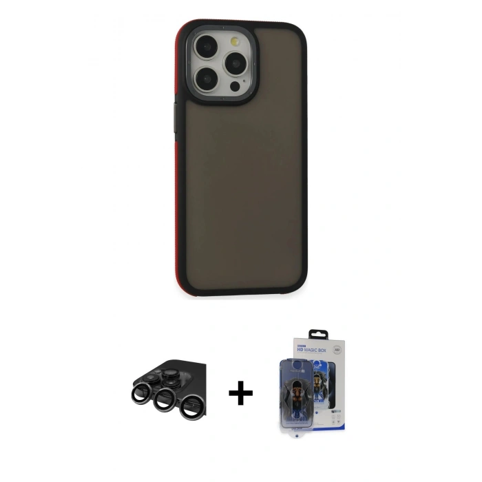 MARSİLYAN™- iPhone 15 Pro Max Kılıf Eksen Işık - Siyah Vanessa Magic Cam + Titanyum Gri Raze Metal Kamera Lens