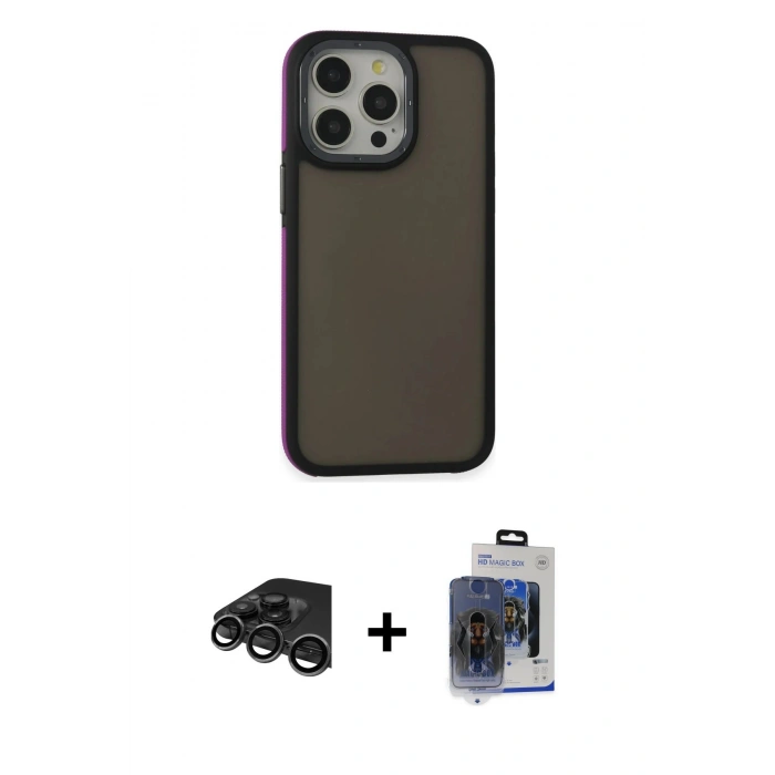 MARSİLYAN™- iPhone 15 Pro Max Kılıf Eksen Işık - Siyah Vanessa Magic Cam + Titanyum Gri Raze Metal Kamera Lens