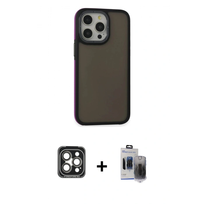 MARSİLYAN™- iPhone 15 Pro Max Kılıf Eksen Işık - Siyah Vanessa Magic Hayalet Cam + Gri PVD Metal Kamera Lens