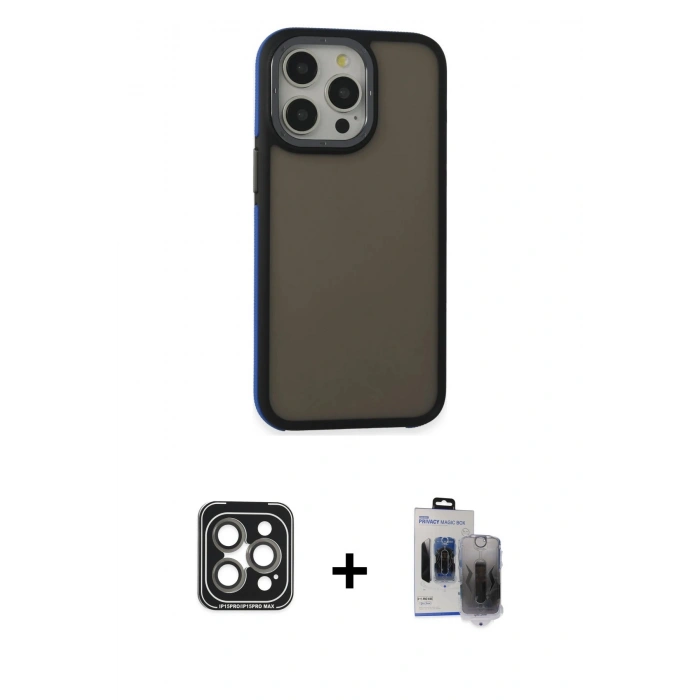 MARSİLYAN™- iPhone 15 Pro Max Kılıf Eksen Işık - Siyah Vanessa Magic Hayalet Cam + Gri PVD Metal Kamera Lens