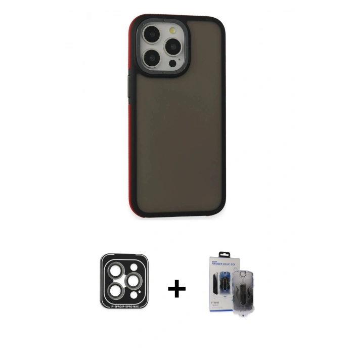MARSİLYAN™- iPhone 15 Pro Max Kılıf Eksen Işık - Siyah Vanessa Magic Hayalet Cam + Gri PVD Metal Kamera Lens
