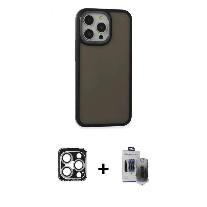 MARSİLYAN™- iPhone 15 Pro Max Kılıf Eksen Işık - Siyah Vanessa Magic Hayalet Cam + Gümüş PVD Metal Kamera Lens