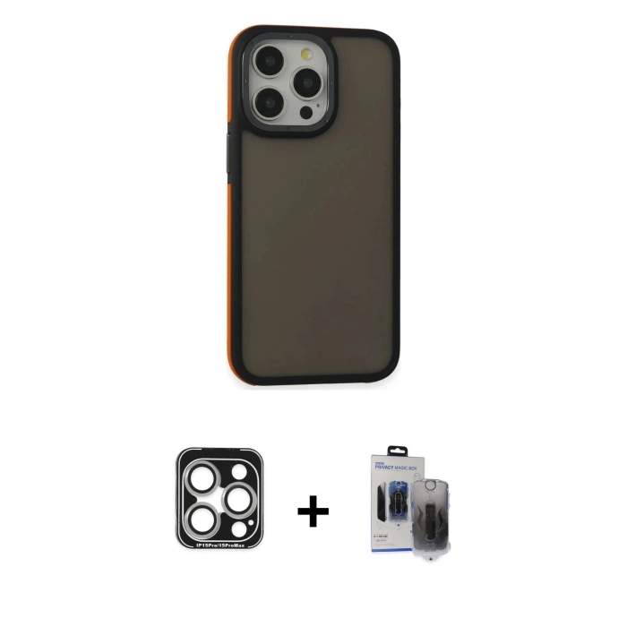MARSİLYAN™- iPhone 15 Pro Max Kılıf Eksen Işık - Siyah Vanessa Magic Hayalet Cam + Gümüş PVD Metal Kamera Lens
