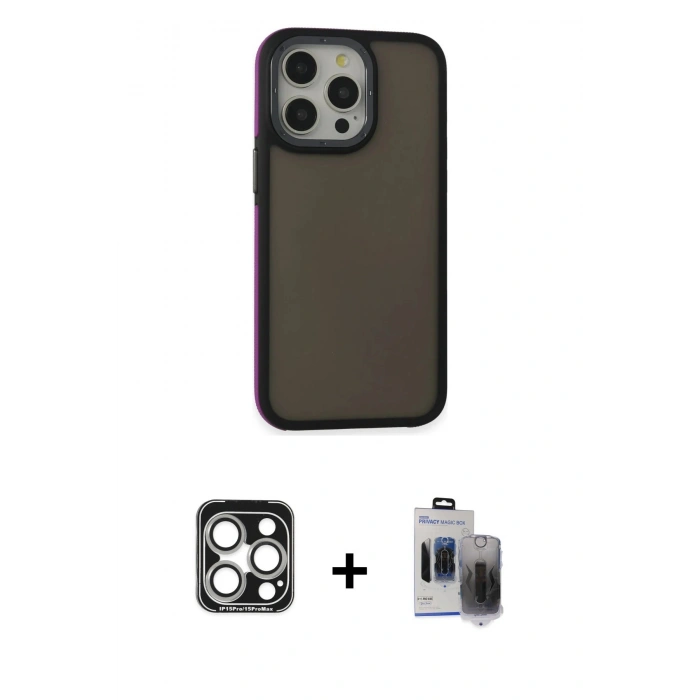 MARSİLYAN™- iPhone 15 Pro Max Kılıf Eksen Işık - Siyah Vanessa Magic Hayalet Cam + Gümüş PVD Metal Kamera Lens