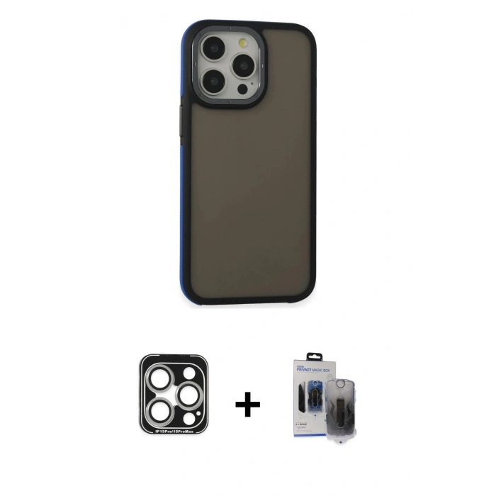 MARSİLYAN™- iPhone 15 Pro Max Kılıf Eksen Işık - Siyah Vanessa Magic Hayalet Cam + Gümüş PVD Metal Kamera Lens