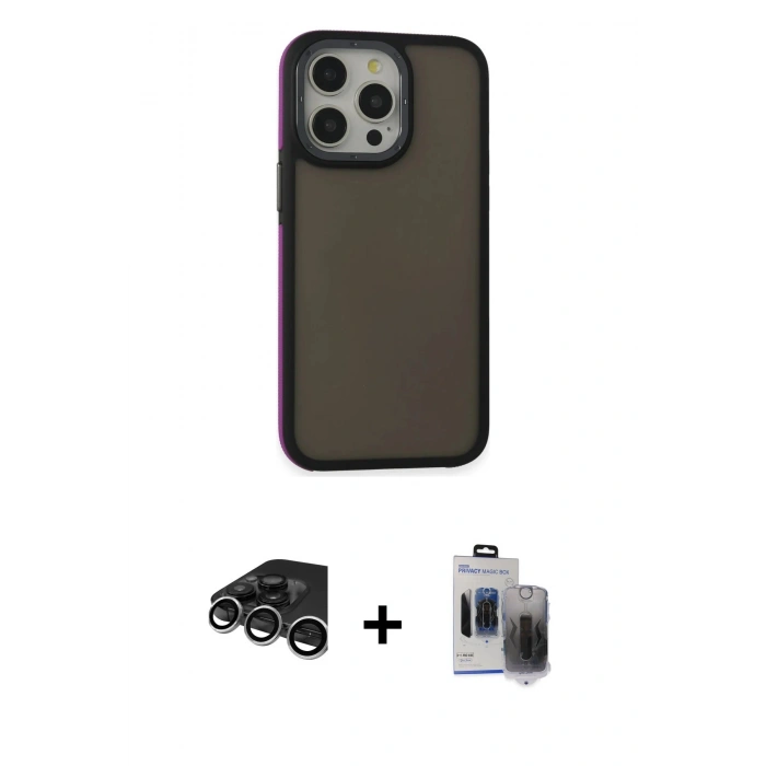 MARSİLYAN™- iPhone 15 Pro Max Kılıf Eksen Işık - Siyah Vanessa Magic Hayalet Cam + Gümüş Raze Metal Kamera Lens