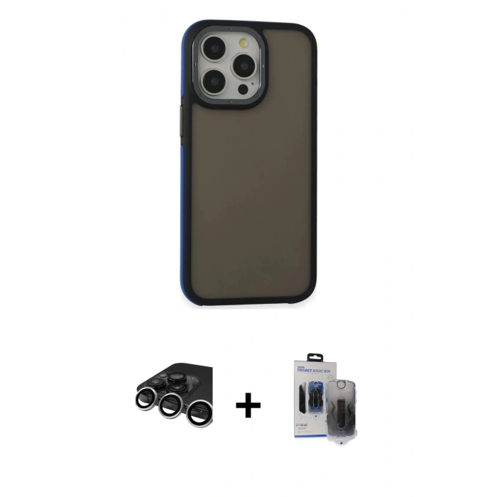 MARSİLYAN™- iPhone 15 Pro Max Kılıf Eksen Işık - Siyah Vanessa Magic Hayalet Cam + Gümüş Raze Metal Kamera Lens
