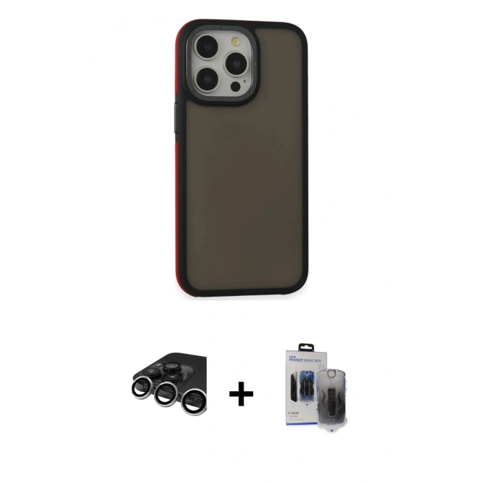 MARSİLYAN™- iPhone 15 Pro Max Kılıf Eksen Işık - Siyah Vanessa Magic Hayalet Cam + Gümüş Raze Metal Kamera Lens