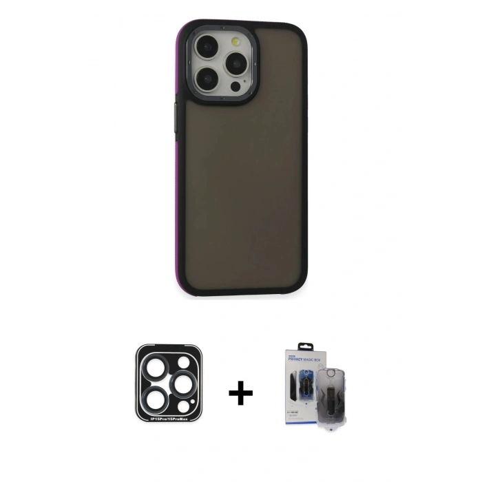 MARSİLYAN™- iPhone 15 Pro Max Kılıf Eksen Işık - Siyah Vanessa Magic Hayalet Cam + PVD Metal Kamera Lens - LT