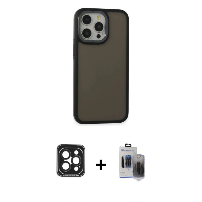 MARSİLYAN™- iPhone 15 Pro Max Kılıf Eksen Işık - Siyah Vanessa Magic Hayalet Cam + PVD Metal Kamera Lens - SH