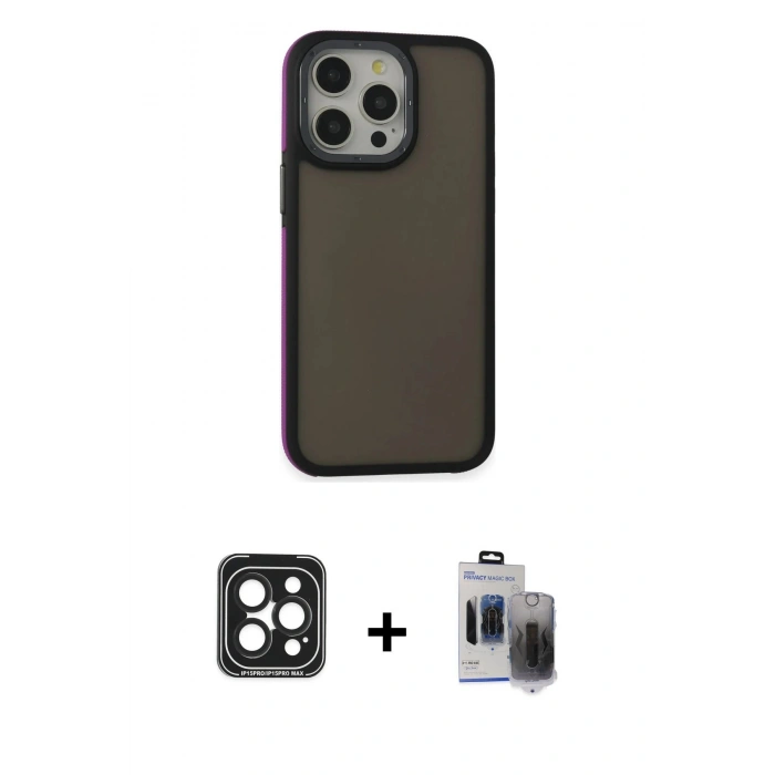MARSİLYAN™- iPhone 15 Pro Max Kılıf Eksen Işık - Siyah Vanessa Magic Hayalet Cam + PVD Metal Kamera Lens - SH