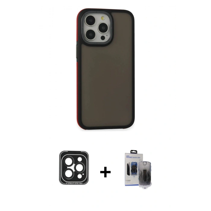MARSİLYAN™- iPhone 15 Pro Max Kılıf Eksen Işık - Siyah Vanessa Magic Hayalet Cam + PVD Metal Kamera Lens - SH