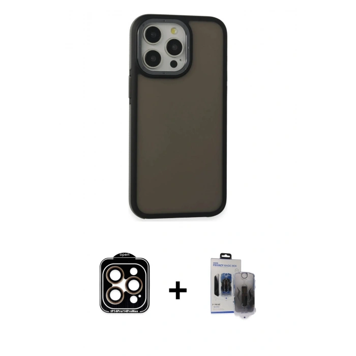 MARSİLYAN™- iPhone 15 Pro Max Kılıf Eksen Işık - Siyah Vanessa Magic Hayalet Cam + PVD Metal Kamera Lens - TU