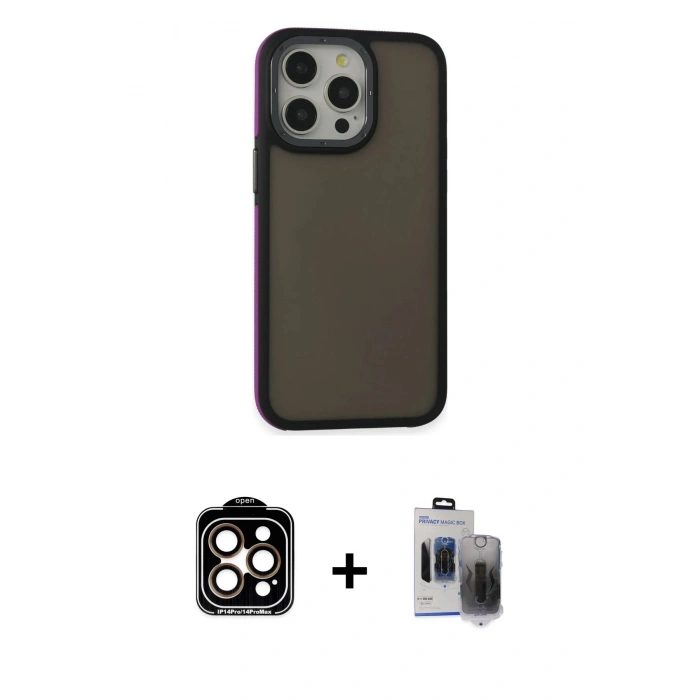 MARSİLYAN™- iPhone 15 Pro Max Kılıf Eksen Işık - Siyah Vanessa Magic Hayalet Cam + PVD Metal Kamera Lens - TU