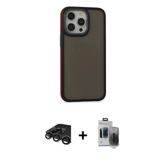 MARSİLYAN™- iPhone 15 Pro Max Kılıf Eksen Işık - Siyah Vanessa Magic Hayalet Cam + Raze Metal Kamera Lens - TMGI