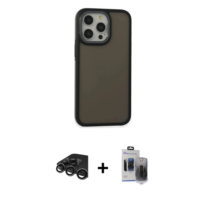 MARSİLYAN™- iPhone 15 Pro Max Kılıf Eksen Işık - Siyah Vanessa Magic Hayalet Cam + Raze Metal Kamera Lens - TMGI