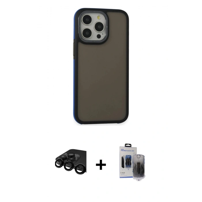 MARSİLYAN™- iPhone 15 Pro Max Kılıf Eksen Işık - Siyah Vanessa Magic Hayalet Cam + Raze Metal Kamera Lens - SH