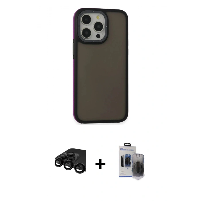 MARSİLYAN™- iPhone 15 Pro Max Kılıf Eksen Işık - Siyah Vanessa Magic Hayalet Cam + Raze Metal Kamera Lens - SH