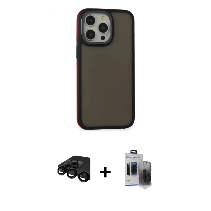 MARSİLYAN™- iPhone 15 Pro Max Kılıf Eksen Işık - Siyah Vanessa Magic Hayalet Cam + Raze Metal Kamera Lens - SH