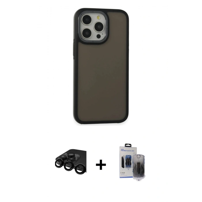 MARSİLYAN™- iPhone 15 Pro Max Kılıf Eksen Işık - Siyah Vanessa Magic Hayalet Cam + Raze Metal Kamera Lens - SH