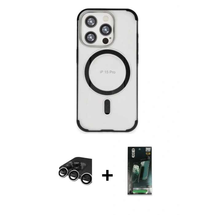 MARSİLYAN™- iPhone 15 Pro Max Kılıf Eksen Klasik Koleksiyonu - Şeffaf 360 Full Body Arka Koruyucu + Raze Metal Kamera Lens - GS