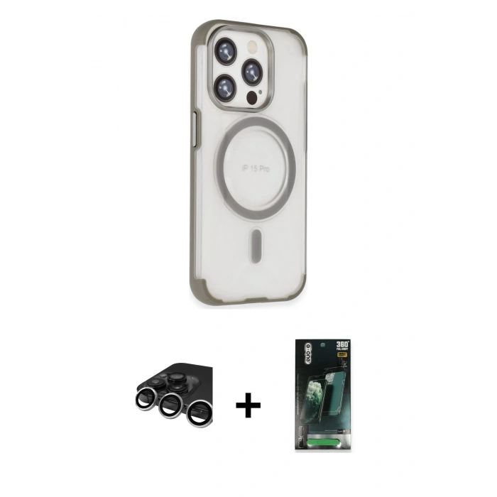 MARSİLYAN™- iPhone 15 Pro Max Kılıf Eksen Klasik Koleksiyonu - Şeffaf 360 Full Body Arka Koruyucu + Raze Metal Kamera Lens - GS