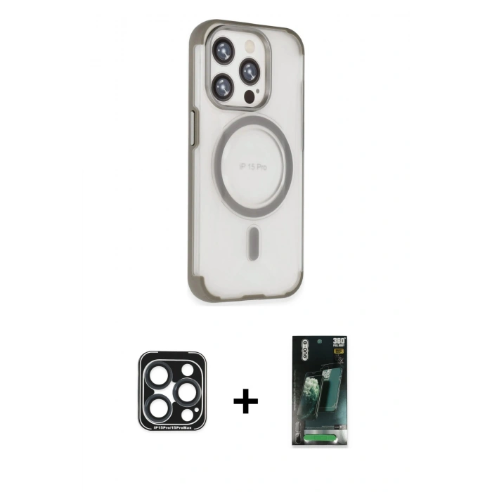 MARSİLYAN™- iPhone 15 Pro Max Kılıf Eksen Klasik Koleksiyonu - Şeffaf 360 Full Body Arka Koruyucu + PVD Metal Kamera Lens - LT