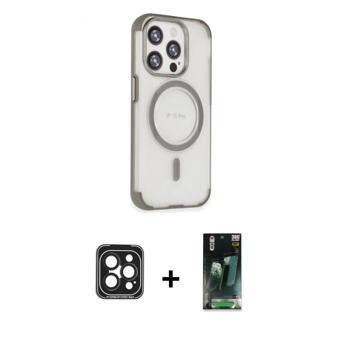 MARSİLYAN™- iPhone 15 Pro Max Kılıf Eksen Klasik Koleksiyonu - Şeffaf 360 Full Body Arka Koruyucu + PVD Metal Kamera Lens - SH