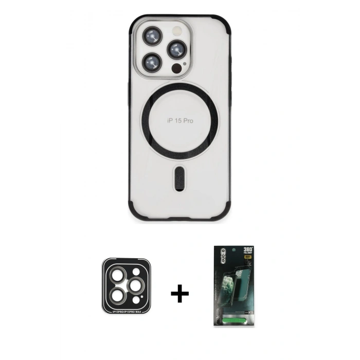 MARSİLYAN™- iPhone 15 Pro Max Kılıf Eksen Klasik Koleksiyonu - Şeffaf 360 Full Body Arka Koruyucu + PVD Metal Kamera Lens - GI