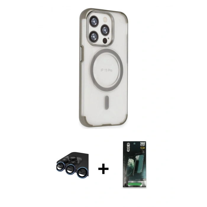 MARSİLYAN™- iPhone 15 Pro Max Kılıf Eksen Klasik Koleksiyonu - Şeffaf 360 Full Body Arka Koruyucu + Raze Metal Kamera Lens - LT