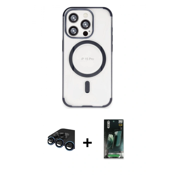 MARSİLYAN™- iPhone 15 Pro Max Kılıf Eksen Klasik Koleksiyonu - Şeffaf 360 Full Body Arka Koruyucu + Raze Metal Kamera Lens - LT