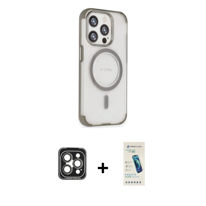 MARSİLYAN™- iPhone 15 Pro Max Kılıf Eksen Klasik Koleksiyonu - Şeffaf Pasifik Cam Ekran Koruyucu + PVD Metal Kamera Lens - GI