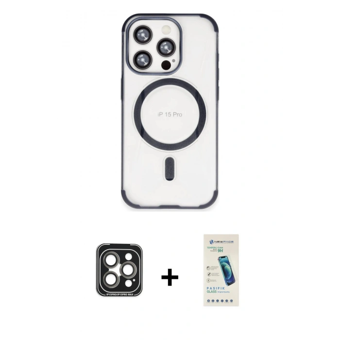 MARSİLYAN™- iPhone 15 Pro Max Kılıf Eksen Klasik Koleksiyonu - Şeffaf Pasifik Cam Ekran Koruyucu + PVD Metal Kamera Lens - GI