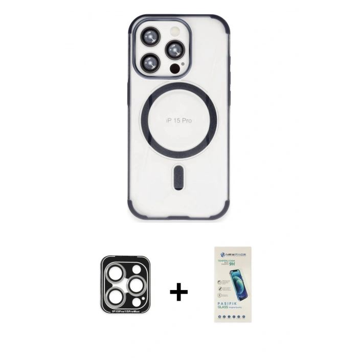 MARSİLYAN™- iPhone 15 Pro Max Kılıf Eksen Klasik Koleksiyonu - Şeffaf Pasifik Cam Ekran Koruyucu + PVD Metal Kamera Lens - GS