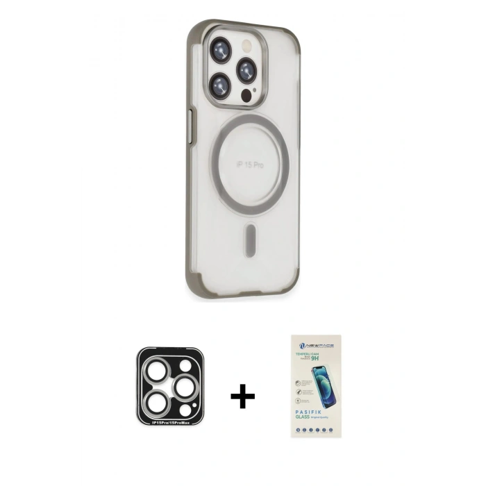 MARSİLYAN™- iPhone 15 Pro Max Kılıf Eksen Klasik Koleksiyonu - Şeffaf Pasifik Cam Ekran Koruyucu + PVD Metal Kamera Lens - GS