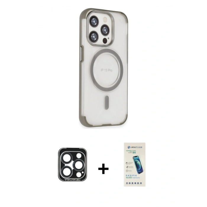 MARSİLYAN™- iPhone 15 Pro Max Kılıf Eksen Klasik Koleksiyonu - Şeffaf Pasifik Cam Ekran Koruyucu + PVD Metal Kamera Lens - LT