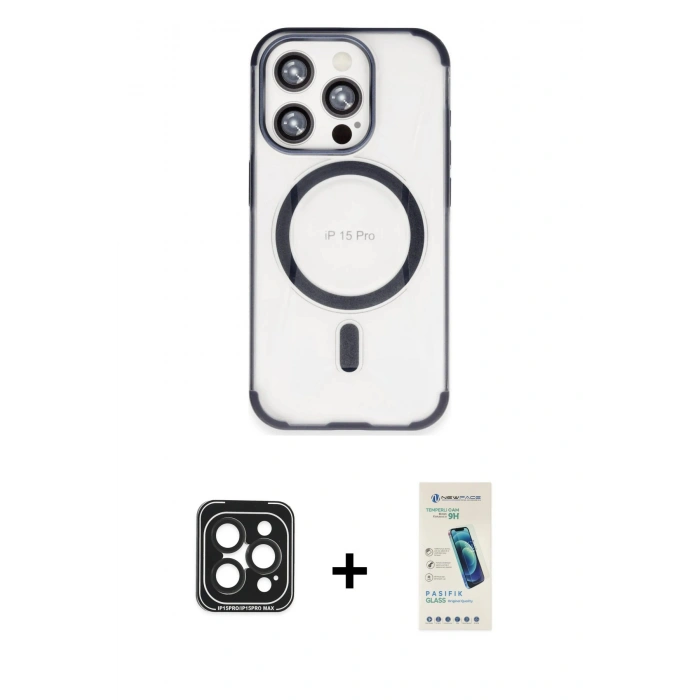 MARSİLYAN™- iPhone 15 Pro Max Kılıf Eksen Klasik Koleksiyonu - Şeffaf Pasifik Cam Ekran Koruyucu + PVD Metal Kamera Lens - SH