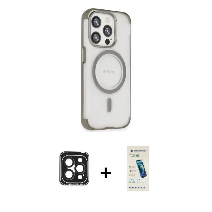 MARSİLYAN™- iPhone 15 Pro Max Kılıf Eksen Klasik Koleksiyonu - Şeffaf Pasifik Cam Ekran Koruyucu + PVD Metal Kamera Lens - SH