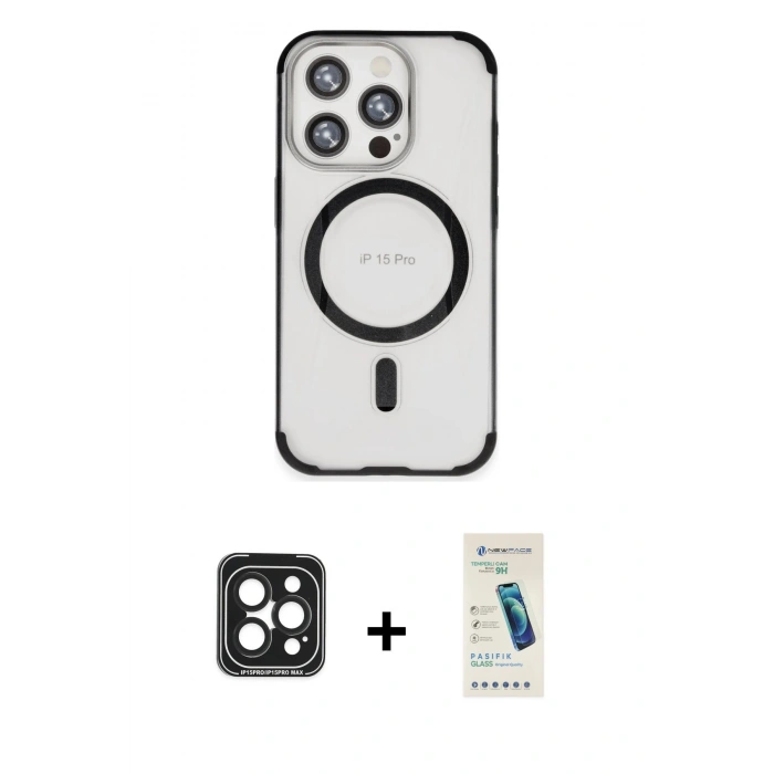 MARSİLYAN™- iPhone 15 Pro Max Kılıf Eksen Klasik Koleksiyonu - Şeffaf Pasifik Cam Ekran Koruyucu + PVD Metal Kamera Lens - SH