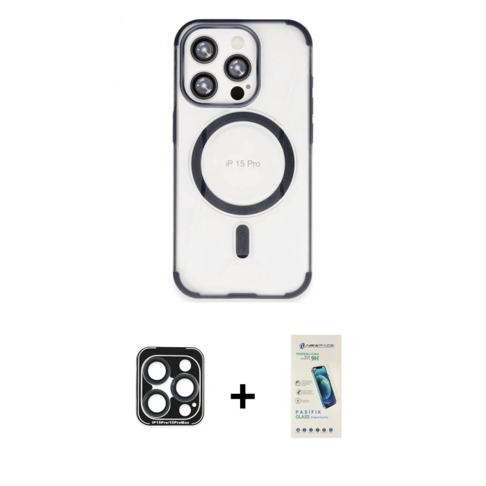 MARSİLYAN™- iPhone 15 Pro Max Kılıf Eksen Klasik Koleksiyonu - Şeffaf Pasifik Cam Ekran Koruyucu + PVD Metal Kamera Lens - LT