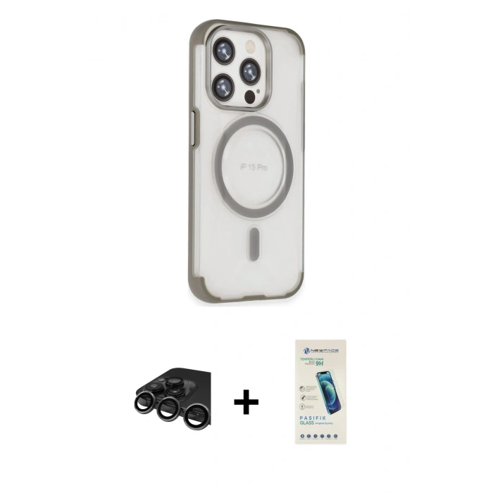 MARSİLYAN™- iPhone 15 Pro Max Kılıf Eksen Klasik Koleksiyonu - Şeffaf Pasifik Cam Ekran Koruyucu + Raze Metal Kamera Lens - TMGI